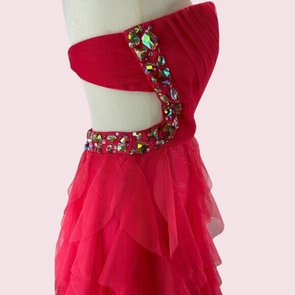 Masquerade coral color Strapless Ruffled Gown With Rhinestones Size 1/2 Prom Dre - Picture 9 of 15